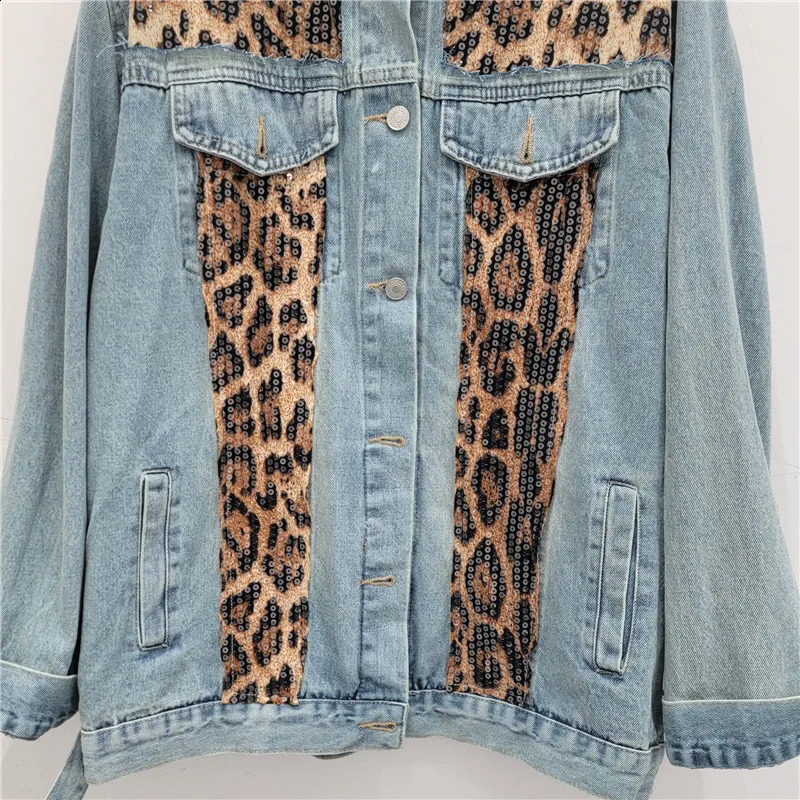 Retro Leopard Printed Sequined Patchwork Denim Jacket Casual Beading Spliced Jeans Coat Loose Cow Cardogan Streetwear Tops 241223
