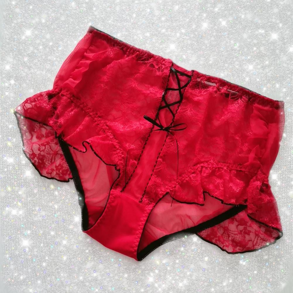 Women Underwear High Waist Cross Lace-up Briefs Lightweight Lace Trim Hip Lifting Mesh Yarn Panties Daily Wear
