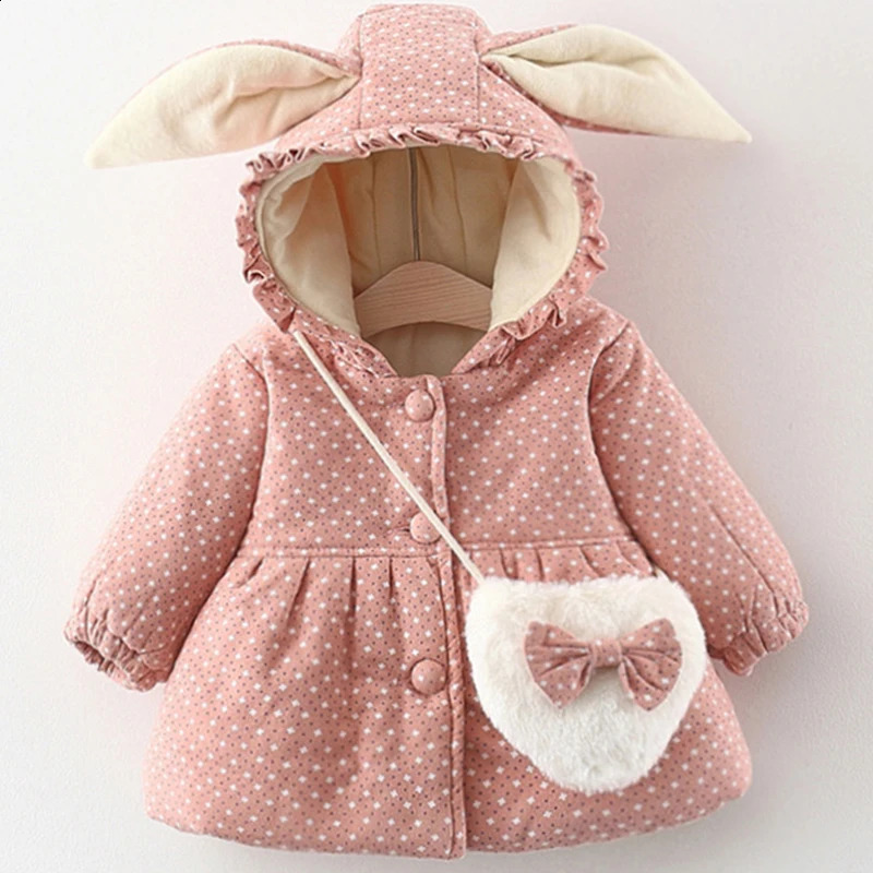 Winter Outerwear Girl Jacket Fashion Cartoon Cute Dot Pink Warm Hooded Thick Baby Tops Korean Kids Clothes Toddler Coats BC2097 241223