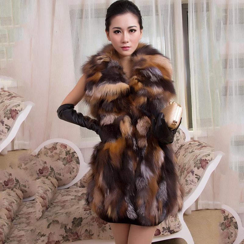Women Real Fox Long Vest Fashion Ladies Winter Sleeveless Belt Design Thick Clothes Large Size Raccoon Fur Leather Jacketrea
