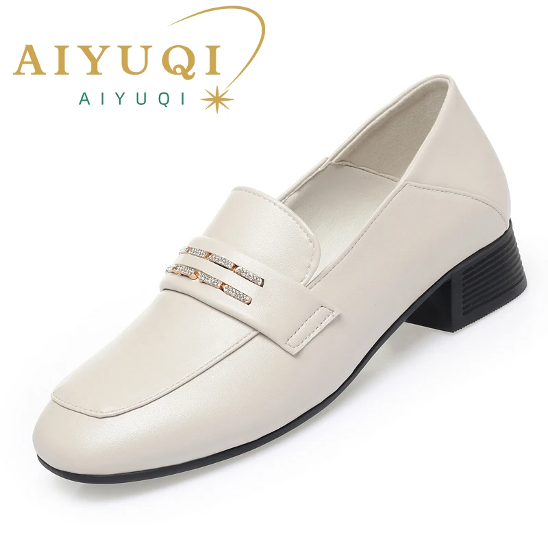 AIYUQI Women Shoes Genuine Leather Fall Square Head Thick Heel Women Loafers Shoes Large Size Fashion Ladies Peas Shoes