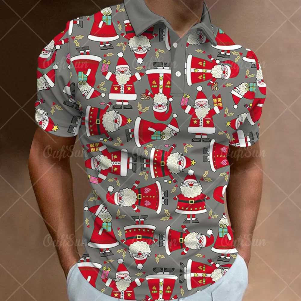 Simple mens polo T-shirt 3D Christmas print high-quality mens clothing loose oversized street shirt designer short sleeved shirt W241223