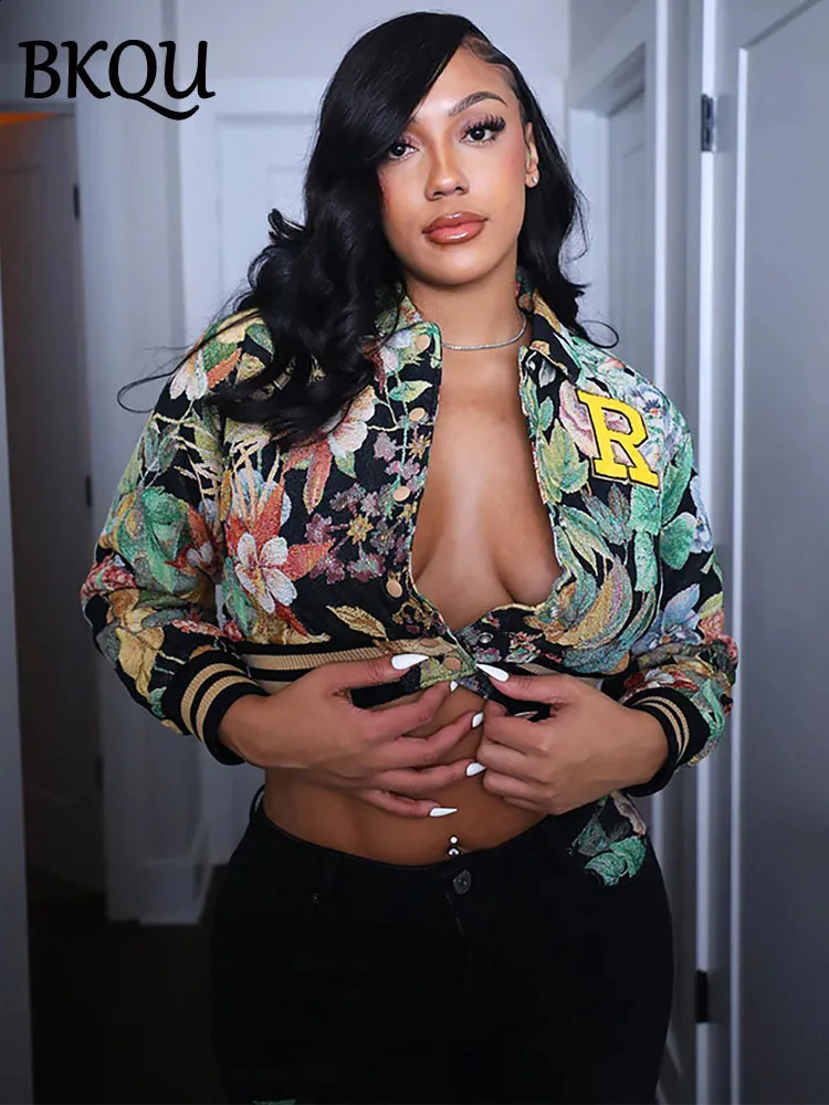 BKQU Jacquard Lapel Short Jackets Women Fashion Buttons Long Sleeve y Printed Crop Coats Vintage Y2K Streetwear 2025 241218