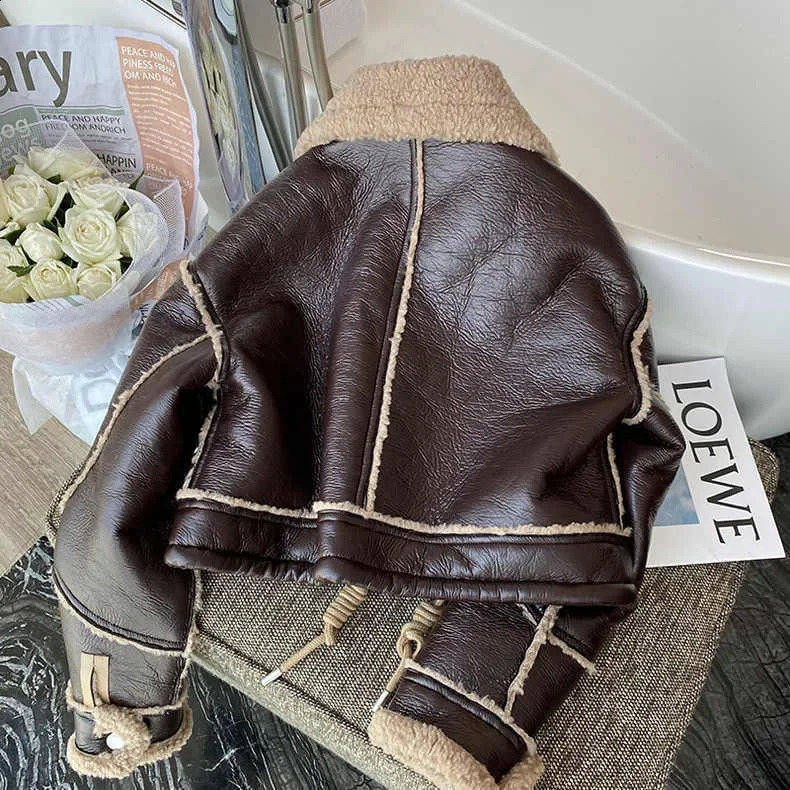 Boys and Girls Winter PU Leather Lamb Wool Jacket Korean Motorcycle Thick Standing Collar Short Fur Coat 241223