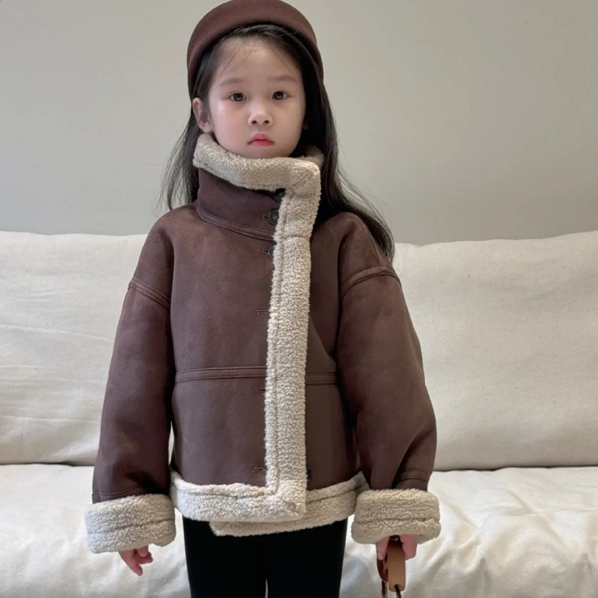 Kids Top Autumn Winter Thick Motorcycle Jacket Children Solid Fur Top Kid Outerwear Long Sleeve Coats Leather Clothing 241223