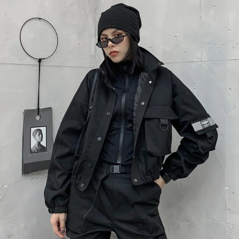 CTRLLOCK Techwear Women Black Stand Collar Jacket Casual Long Sleeve Pocket Female Outerwear Hiphop Fashion 241218