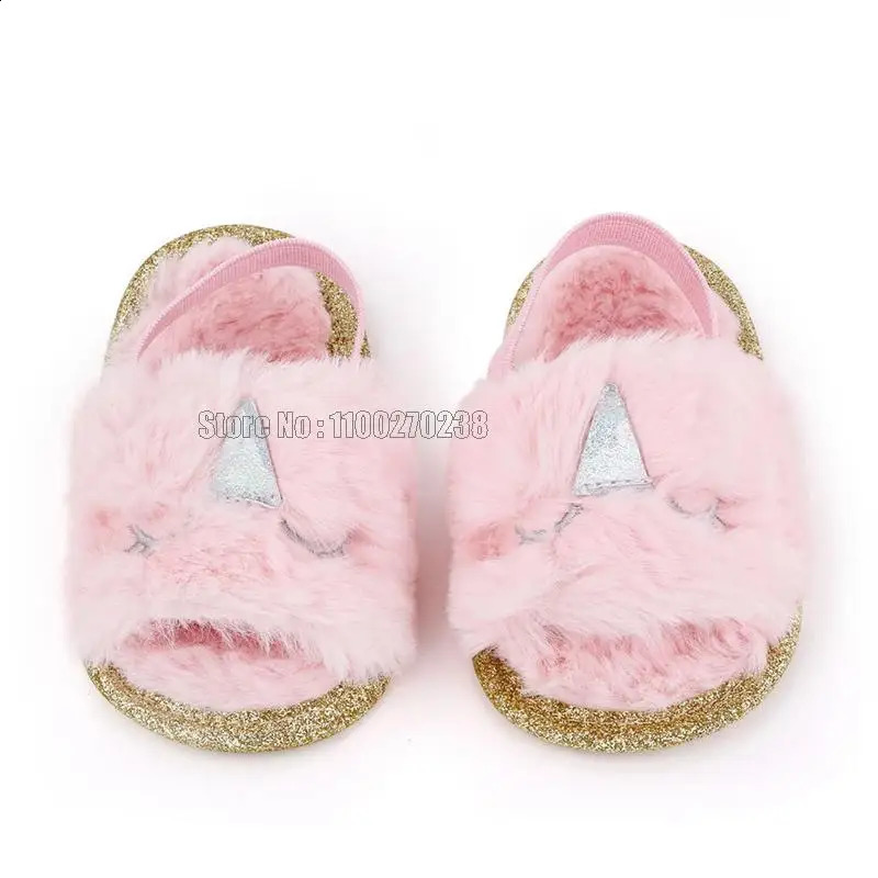 Infant Baby Girls Warm Fuzzy Unicorn Slipper Plush Sandals Soft Sole Faux Fur Flats Toddler Prewalker Slipper Elastic Back Strap 241223
