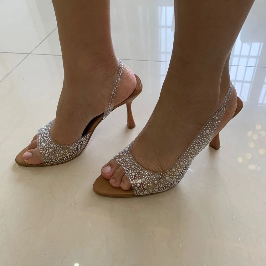 Summer Fashion Womens High Heels Pearl Decorative Elastic Back Womens Pump Leather Toe High Heels Sandals Elegant Womens Shoes 241223