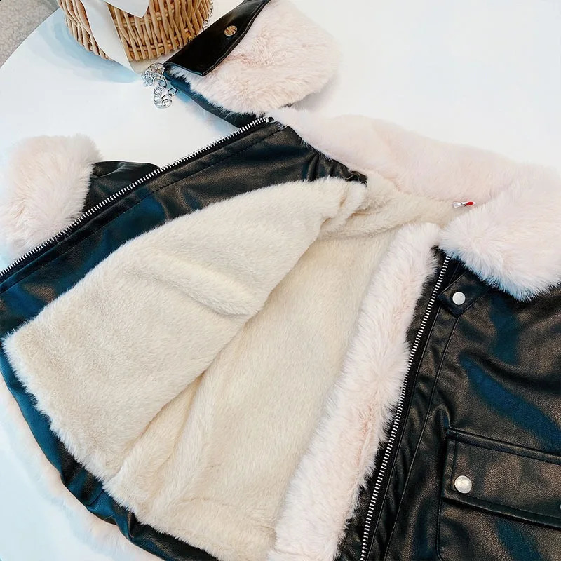2-12 Years Autumn Winter Girls PU Leather Jacket Keep Warm Thicken Faux Fur In One Coat Thick Girls Outerwear Kids Clothes 241223