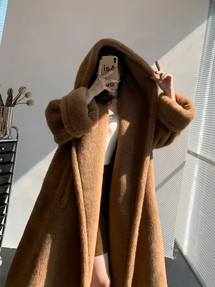 Hooded Teddy Bear Coat Apogeo Camel Silhouette Fur Coat 241220