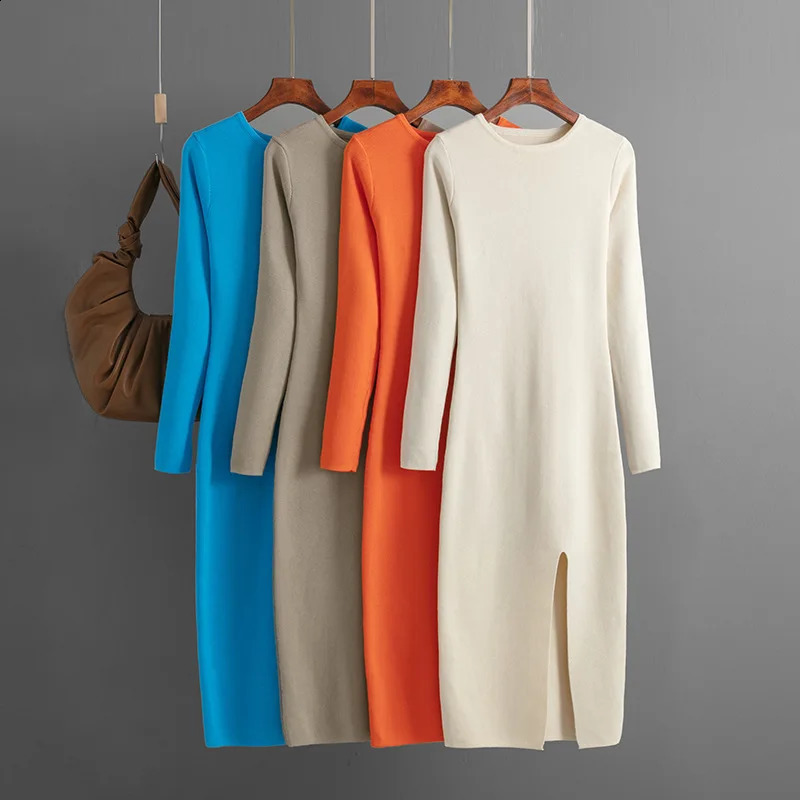 HLBCBG Elegant Winter Long Sleeve Pullover Midi Dress Thick Warm bodycon Party Dresses O Neck Knit Women Sweater 241218