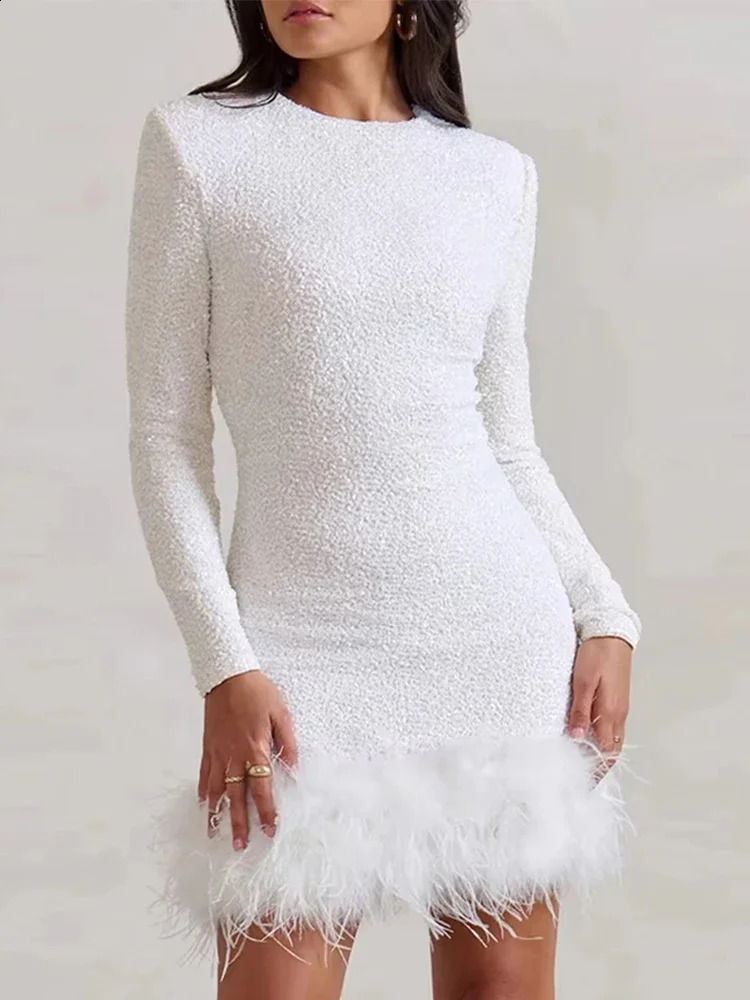 Elegant Burgundy Red Feather Sparkling Mini Dress Womens Long Sleeve High Waist Tight Dress Womens Party Dress 241223