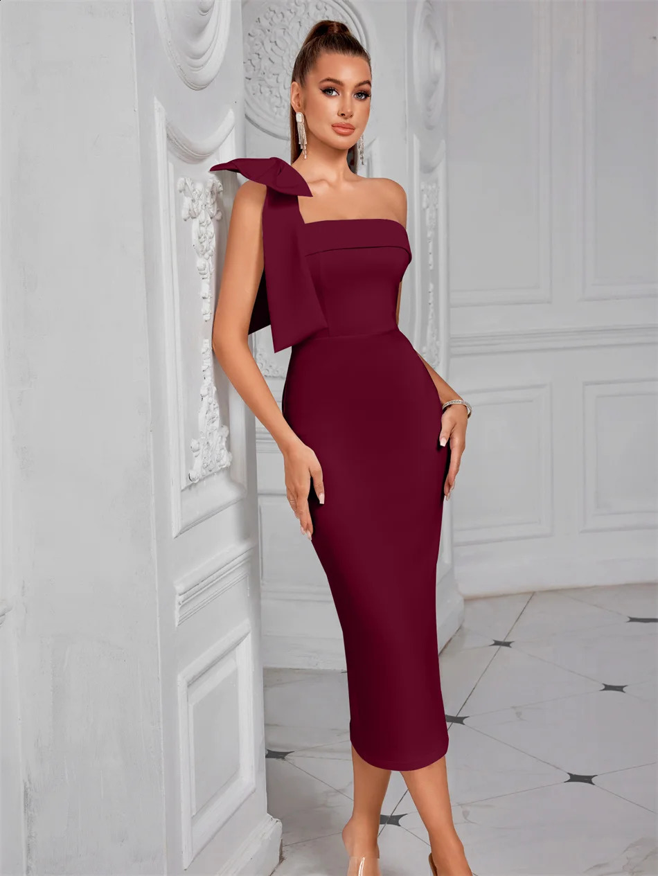 White evening dress party elegant one shoulder sexy bow mid calf length celebrity womens dress sleeveless club 241223