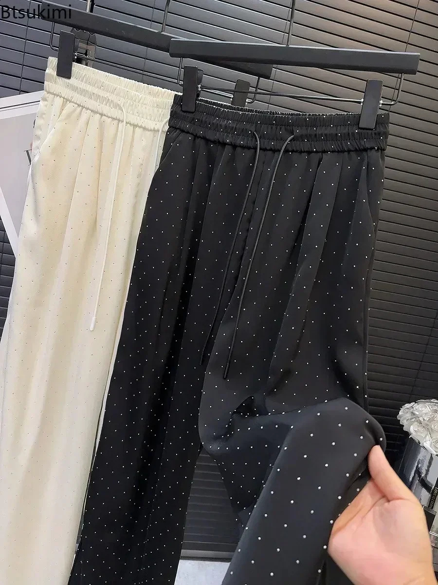 2025 High Quality Full Rhinestone Wide Leg Pants Fashion Drawstring High Waist Straight Pants Ladies Casual Trousers 241220
