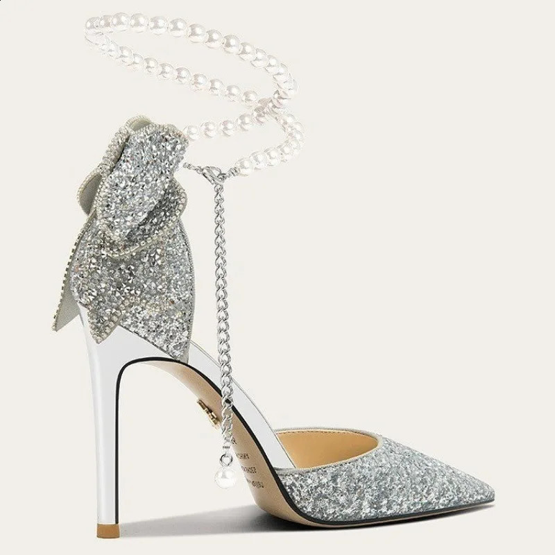 French pointy shallow mouth temperature elegant sequin bow high heels womens slim high heels pearl thread 241223