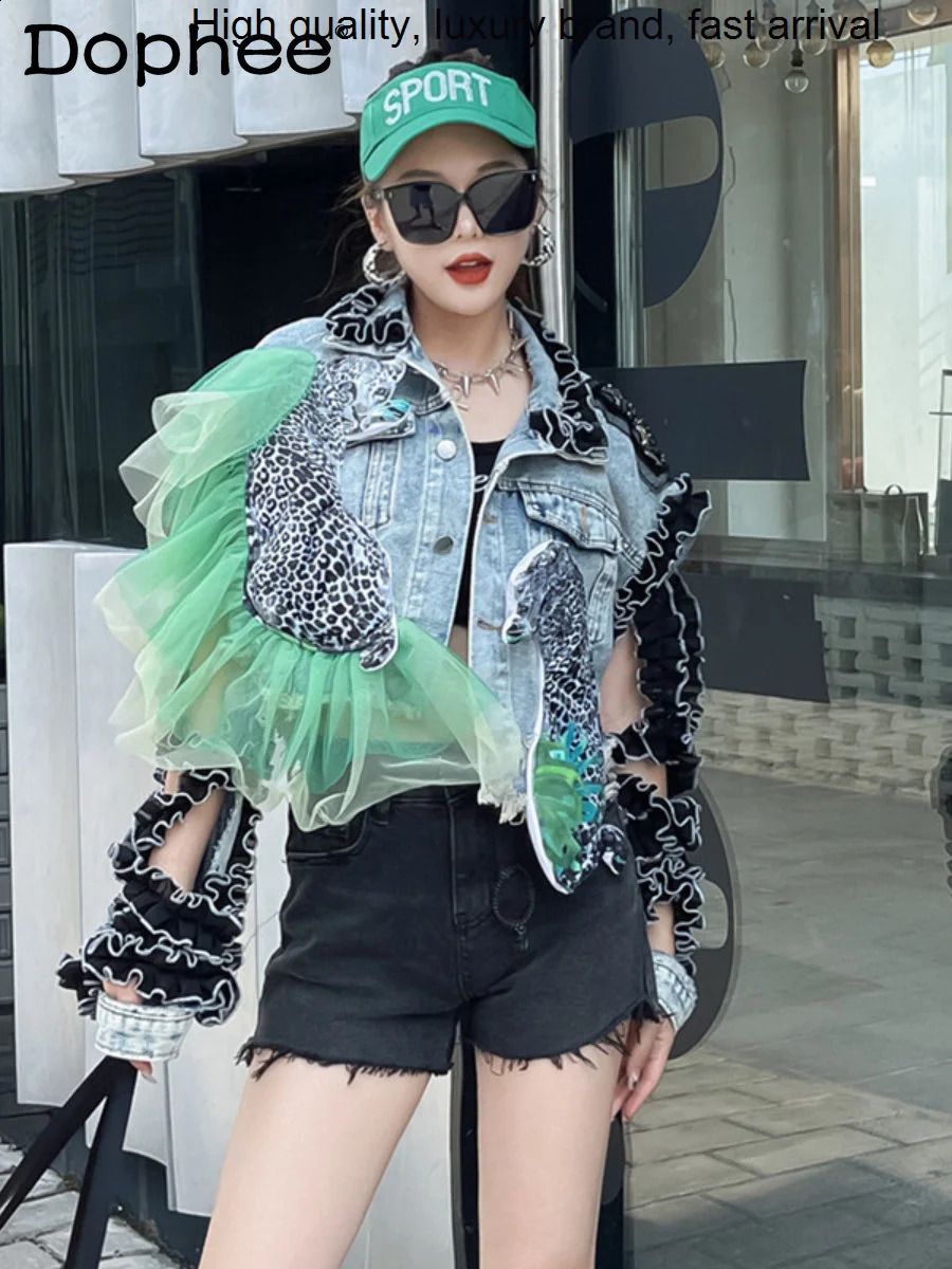 Autumn Heavy Industry Thread Sleeve Mesh Stitching Leopard Print Patterned Denim Women Jean Jacket High Street 241223