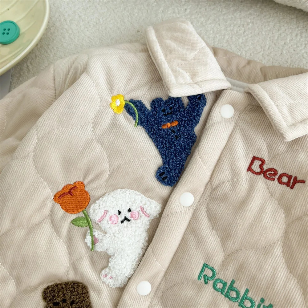 Korean Autumn Winter Baby Girls Coat Embroidered Cartoon Dog Cotton Padded Infant Girls Jacket Thick Warm Toddler Girls Parkas 241223