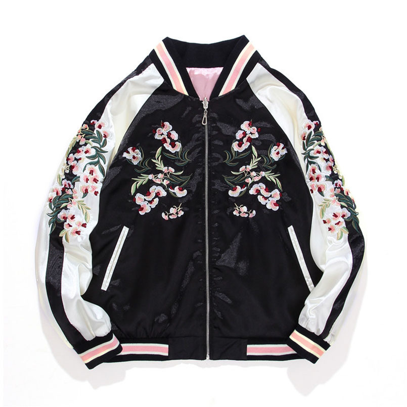 Women's Satin Embroidered Bomber Baseball Jacket Double Sided Female Coat Autumn Japanese Silk Girls