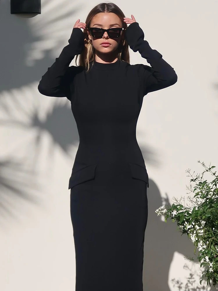 TARUXY Half Turtleneck Long Sleeves Maxi Dress Fashion Office Lady Clothing Back Slit Gown Female Solid Streetwear Autumn 241218