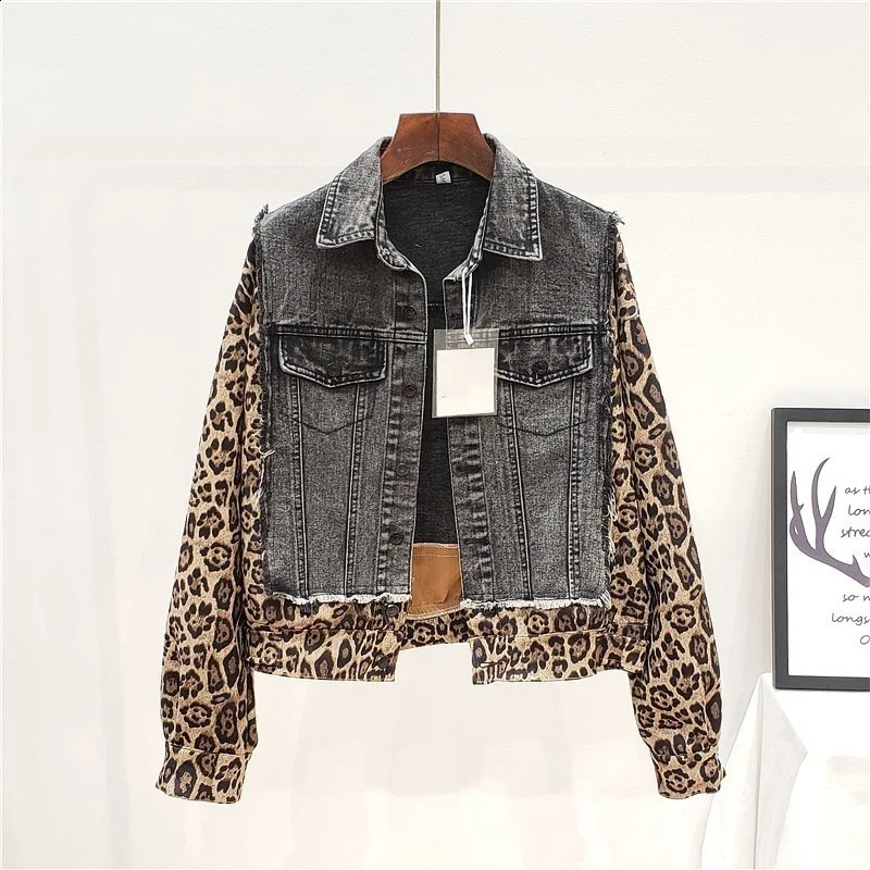 Autumn Spring Patchwork Leopard Denim Jacket Women Long Sleeve Single Breasted Loose Fit Pearls Printed Casual Short Outerwear 241223