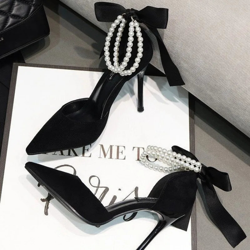 Black Womens Pump Summer Beaded Pearl Wedding Bridal High Heels Sexy Pointed Toe Party Dance Shoes 241223