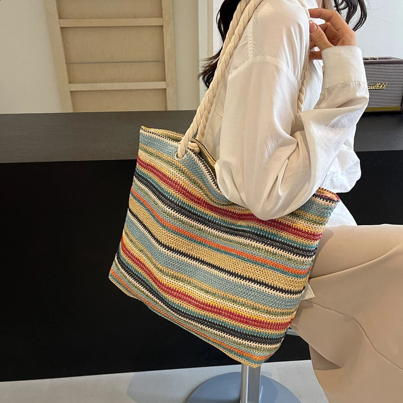 Straw Fabric Woven Women Tote Bags Rainbow Color Large Capacity Summer Beach Shoulder Shopper Bag Casual Commute Handbags 250314