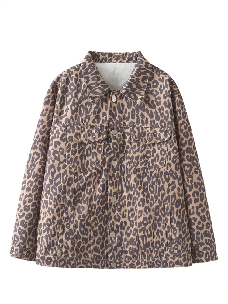 American Style Retro Leopard Print Coats Women Streetwear Fashion Long Sleeve Pockets Jackets Autumn Winter Denim Coat 241223