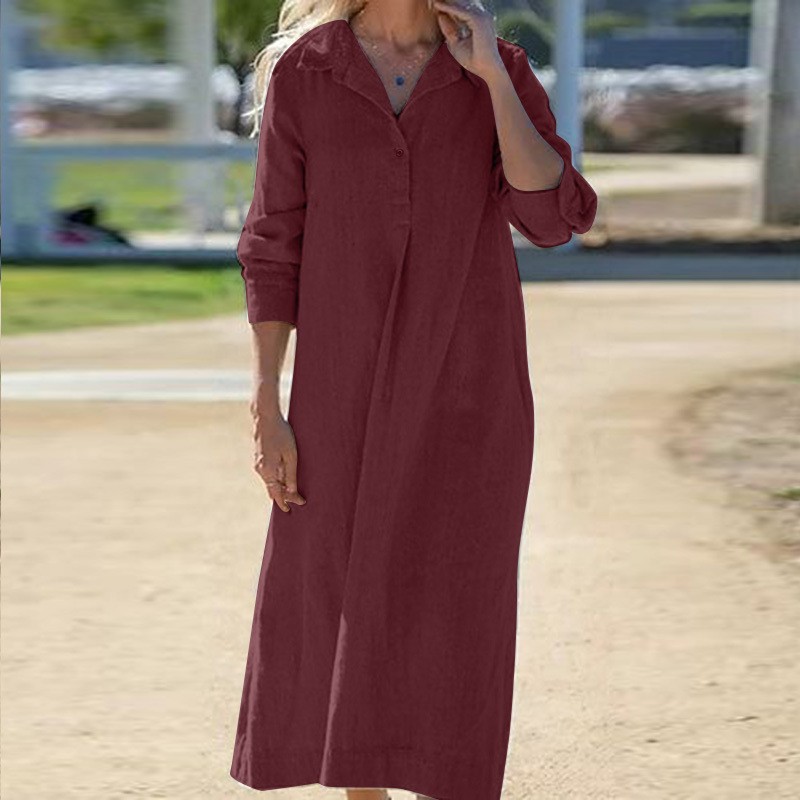 P06888 solid color cotton and linen long-sleeved lapel shirt group ladies fashion casual A-line group loose robe dress
