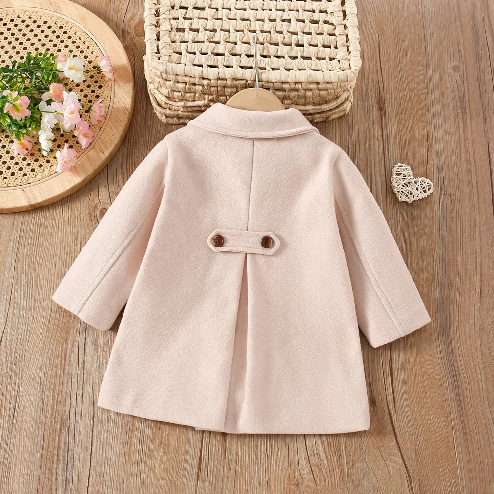 autumn and winter childrens woolen coat girls solid color lapel double row button casual coat 241223