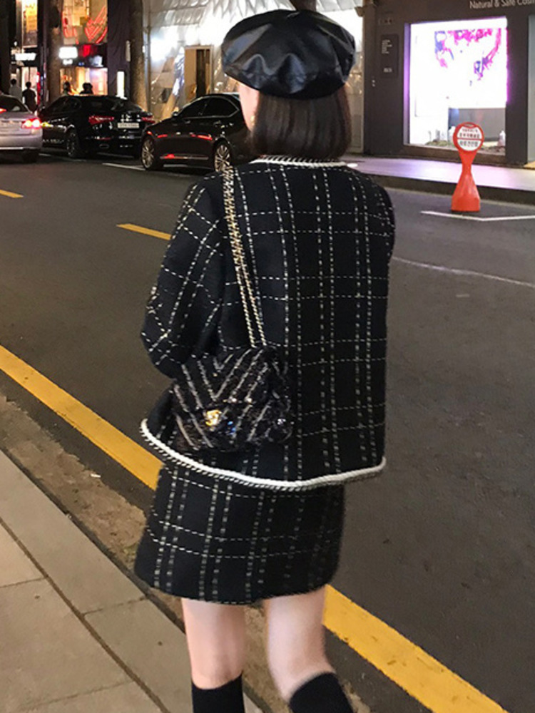Autumn Winter 2 Short Woolen Tweed Jacket Coat & Bodycon Mini Skirt Set Women Two Piece Outfits