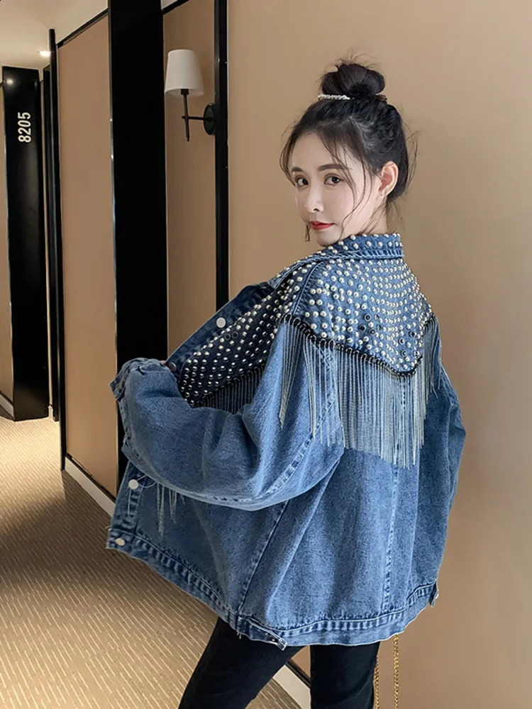 Autumn Denim Jacket Coat Women Rivet Tassel Chain Short Coats Woman Loose Streetwear Long Sleeve Black Coats Abrigo De Mujer 241223