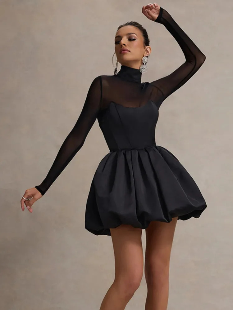 Mozision Turtleneck Sheer Long Sleeve Sexy Mini Dress For Women Black See Through High Waist Aline Club Party Elegant 241218
