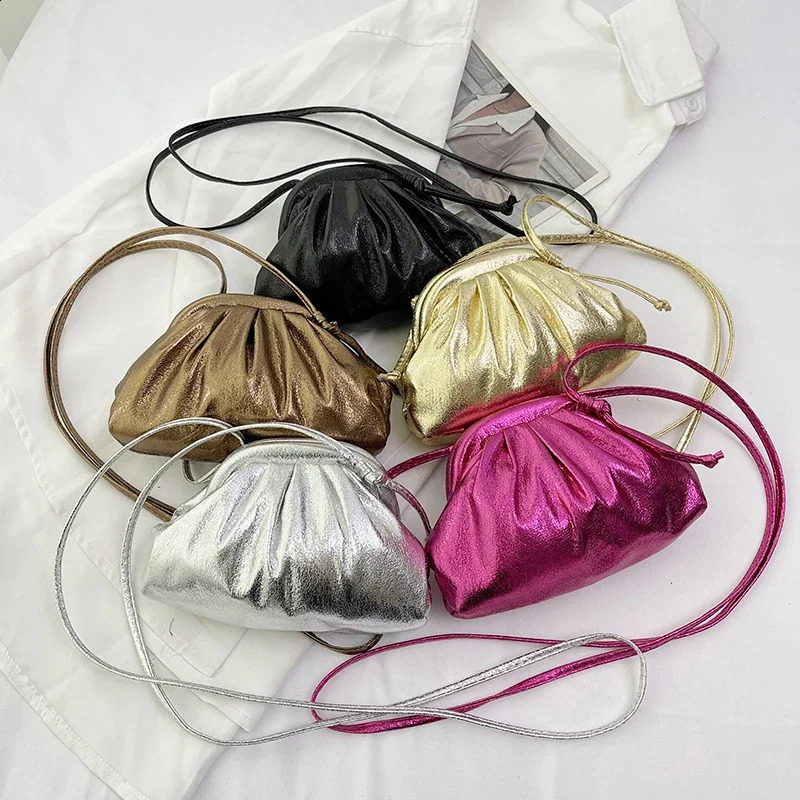 Fashion Woman Pleated Small Laser Crossbody Bag Simple Soft PU Leather Cloud Shoulder Bag Evening Party Clutches Purse Female 241223