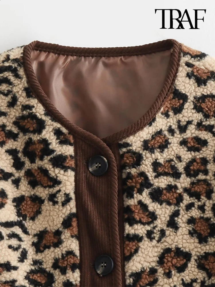 TRAF Womens Fashion Autumn and Winter Retro High Street Leopard Clash Color Thickened Warm Lamb Wool Coat 241218