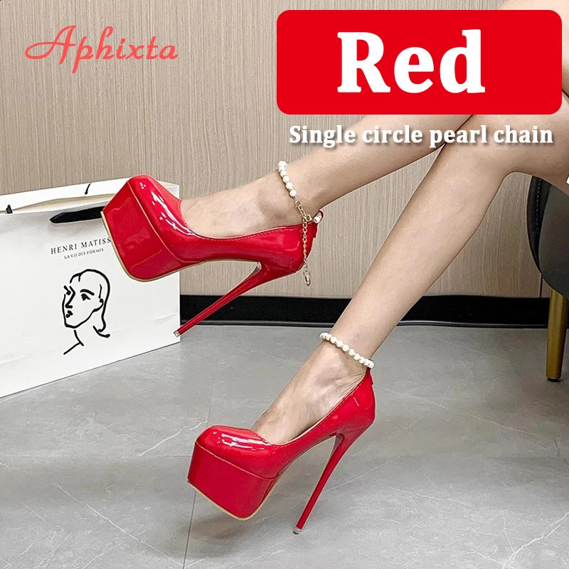 Aphixta Pearl Chain Party Disco Pump Womens 5.5cm Platform Belt Leather Buckle 16cm Ultra Thin High Heels Large Size 50 241223
