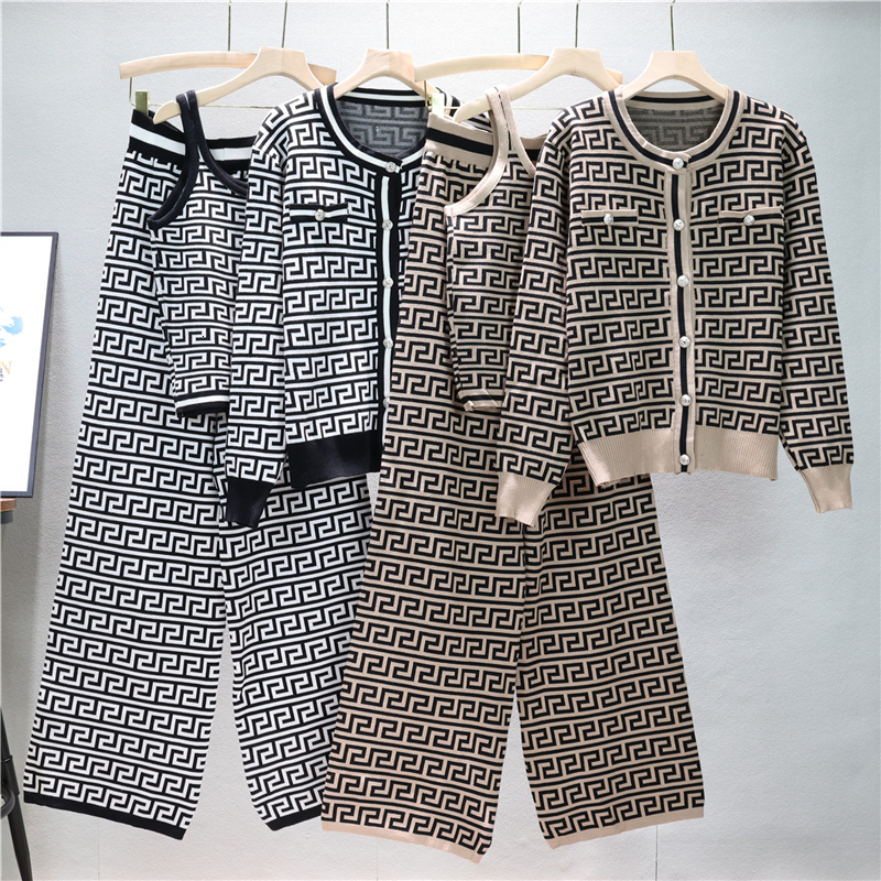new New Spring Autumn Elegant Casual Three-Piece Women's Fashion Houndstooth Printed Tight Plaid Vest+Trousers 3 Piece Set