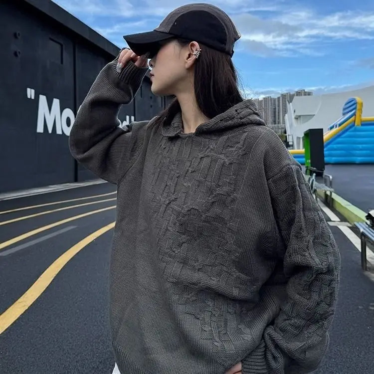 Autumn and winter American fashion mens and womens knitted hooded couple loose retro personality Harajuku casual sweater Y2K 241223