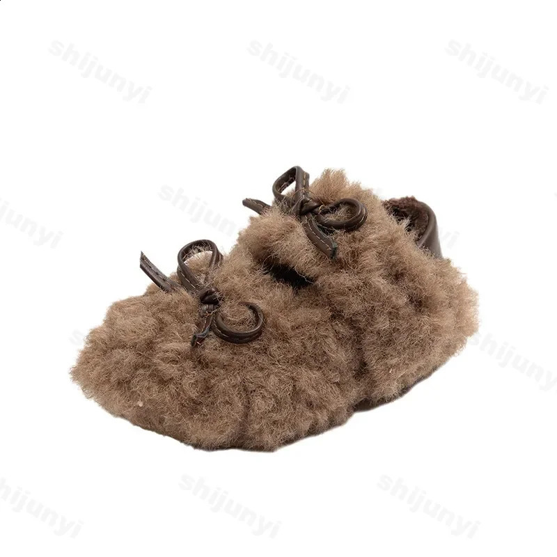 Warm Lambwool Shoes for Girls 2025 Furry Ballet Flats Baby Kids Baby Winter Soft Plush Mary Janes Shoes with Double Bowknot 241223