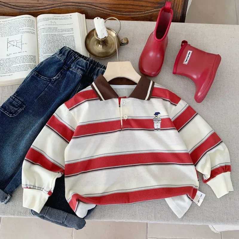 Spring and autumn childrens polo shirt Korean long sleeved boys striped collar T-shirt girls long sleeved top W241223