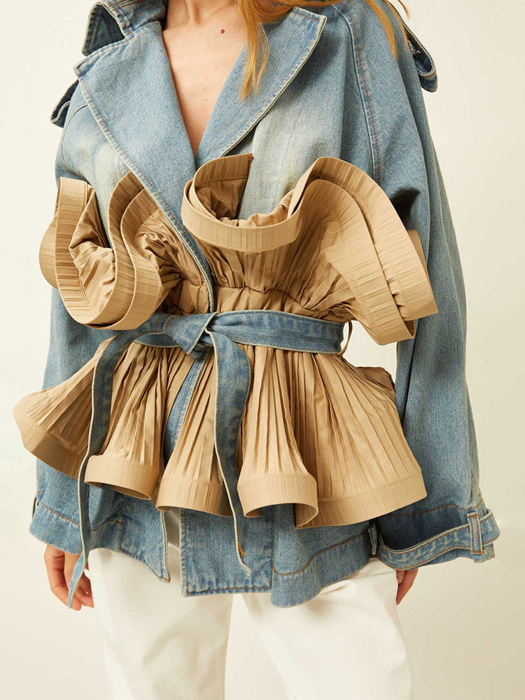 Colorblock Spliced Belt Coats For Women Lapel Long Sleeve Patchwork Ruffles Casual Designer Jacket Female Fashion