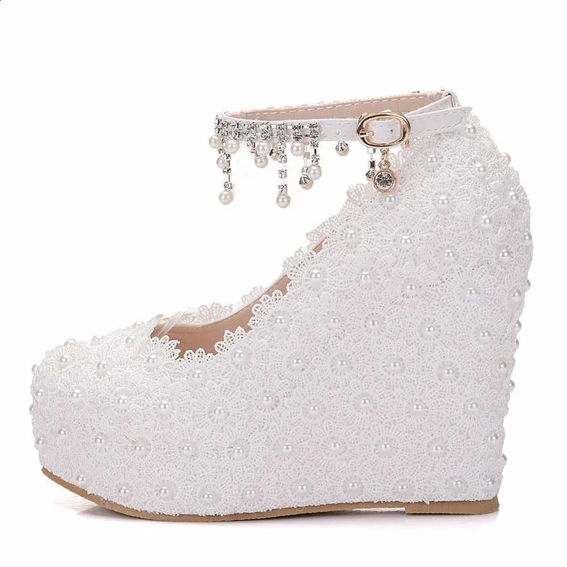 Crystal Queen White Wedding Pump Sweet White Lace Pearl Platform Pump Shoes Classic Bridal Dress High Heels Ladies 241223