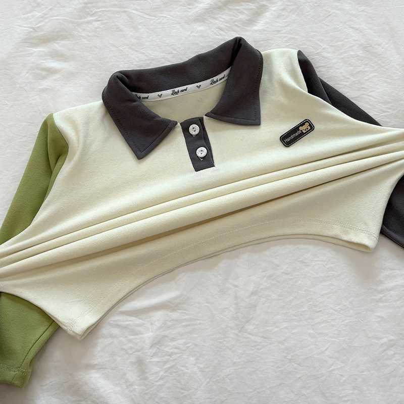 New childrens long sleeved polo shirt made of German velvet for boys and girls fashionable patch work autumn warm top lapel T-shirt childrens clothing