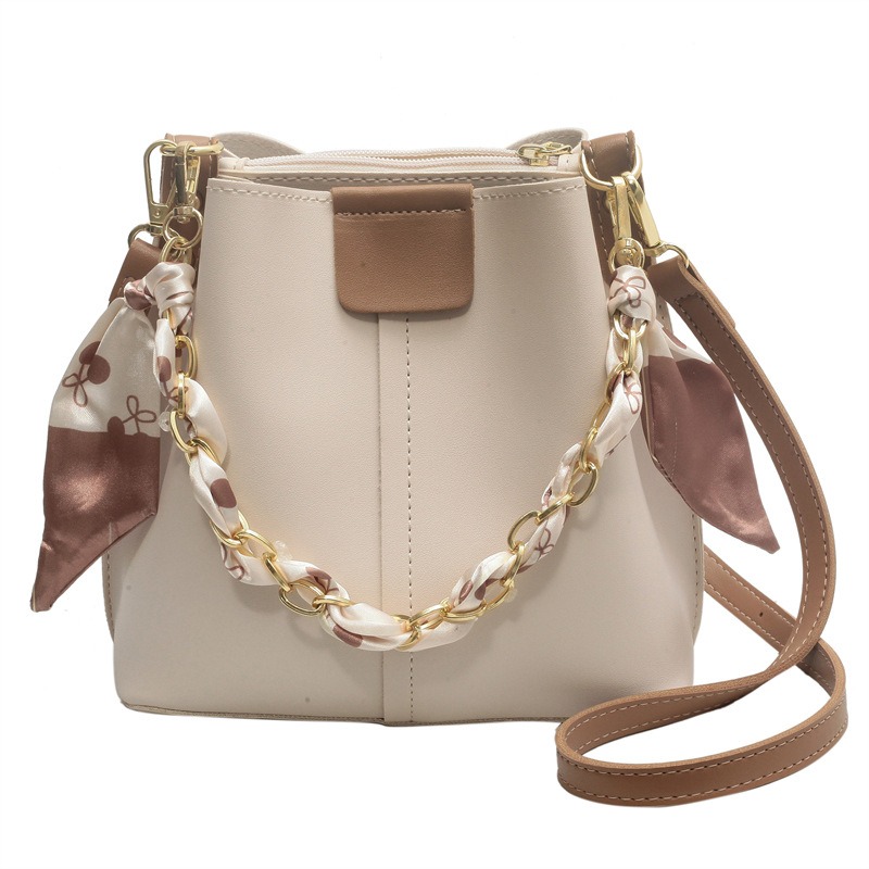 Stylish and simple women's bags new versatile shoulder bags contrasting colors and textures silk scarves chains bucket bags