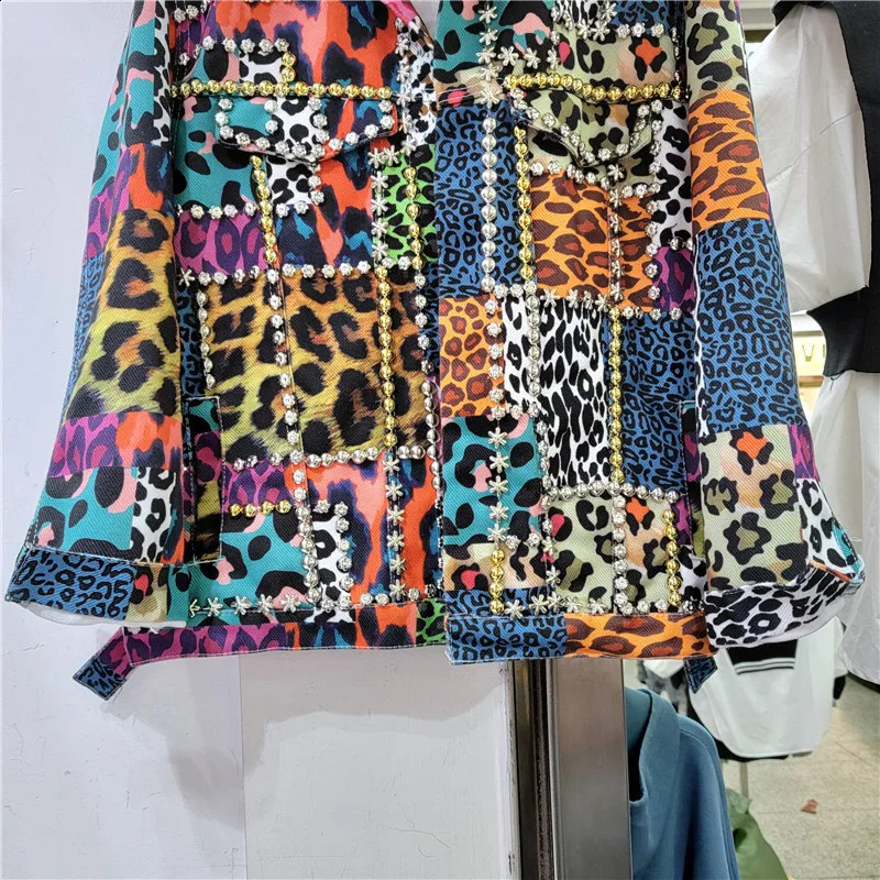 Heavy Work Rivet Beading Leopard Print Denim Jacket Women Short Cow Outerwear Loose Casual Long Sleeve Jeans Jackets Female 241223