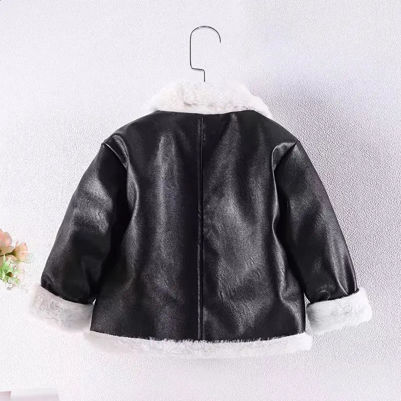 2-12 Years Autumn Winter Girls PU Leather Jacket Keep Warm Thicken Faux Fur In One Coat Thick Girls Outerwear Kids Clothes 241223