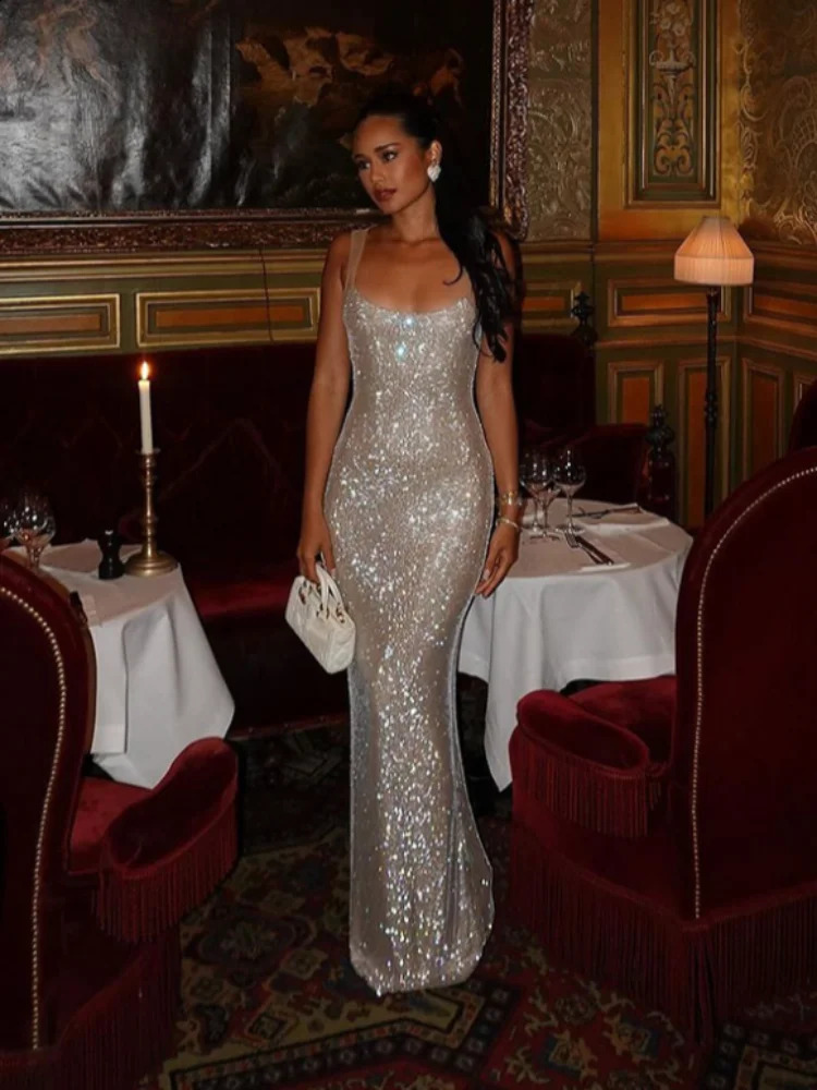 Womens fashion sequin sparkling long suspender dress sexy ultra-thin sleeveless backless long skirt womens fashion elegant party evening dress 241223