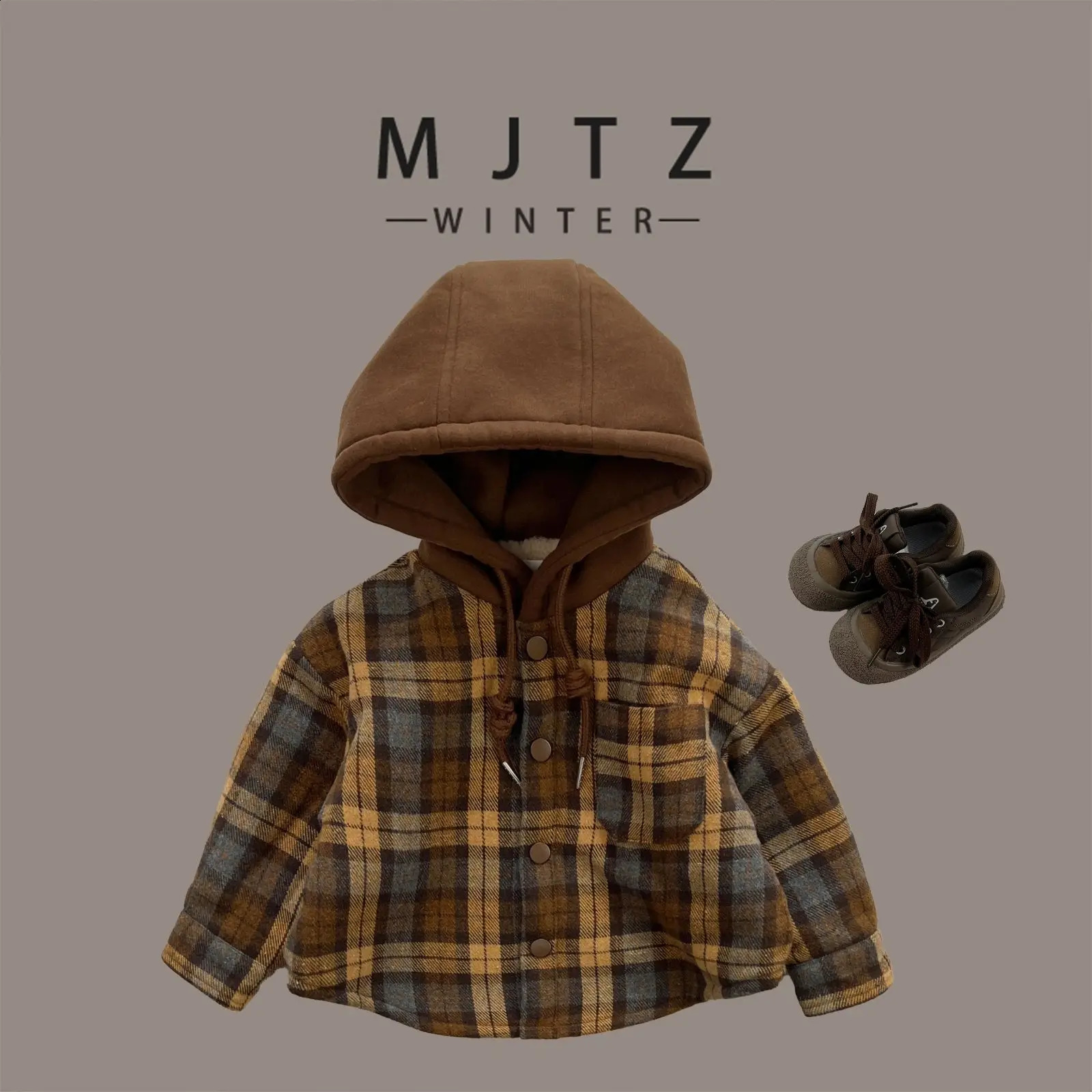 Childrens Hooded Shirt Kids Thick Clothes Baby Boys Khaki Plaid Shirts Coat for Autumn Winter Girls Long-Sleeve Jacket Clothing 241223