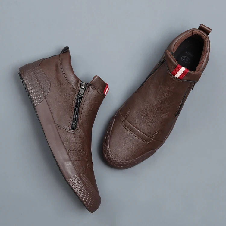 New Men Leather Casual Spring Autumn Fashion Double Zipper Trend High Tops Flat Shoes Cool Loafers Man Winter Boots