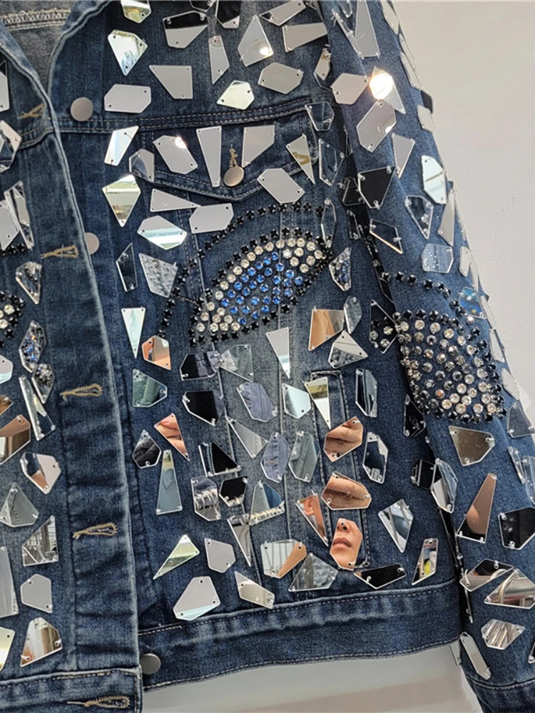 DEAT Womens Denim Shiny Irregular Sequins Colorful Diamonds Blue Long Sleeve Female Coat Jacket 2025 Spring Fashion 33A1799 241223