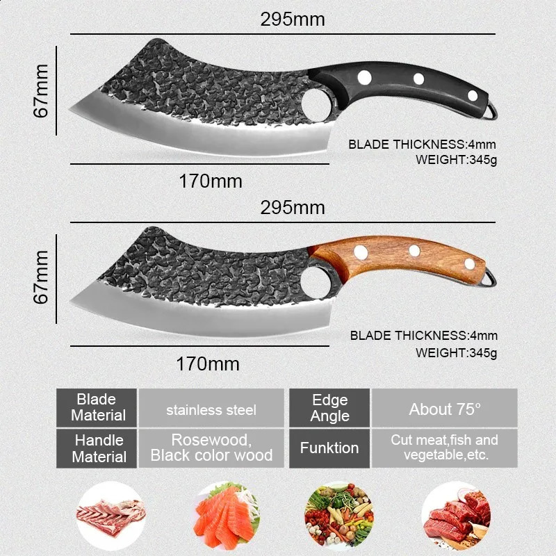Chefs knife forging stainless steel butcher kitchen meat Boning lawnmower curved knife cutting redwood black wood handle finger ring 241225